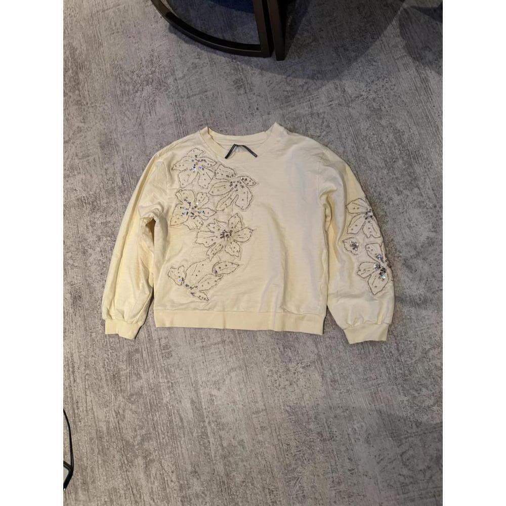 PILCRO Anthropologie Women's Cream Embellished Sweatshirt sz L